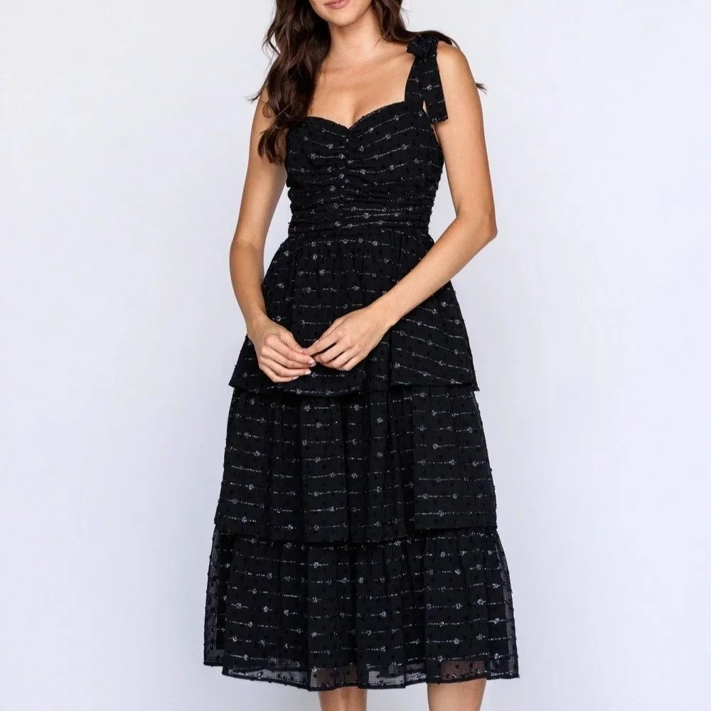 Tie Shoulder Tiered Midi Dress Black Metallic Dot