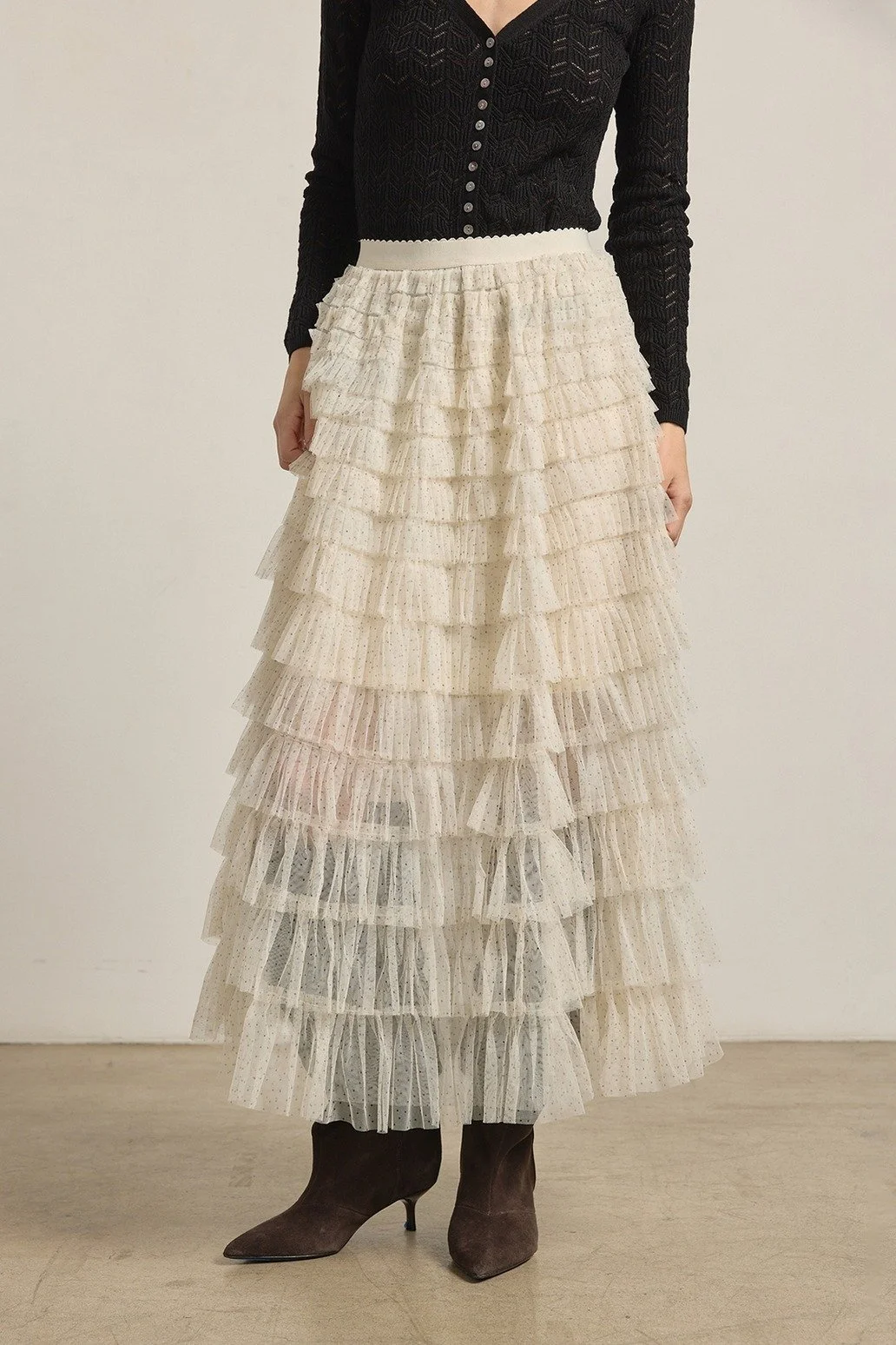 Layered Tulle Maxi Skirt Cream Polka Dot