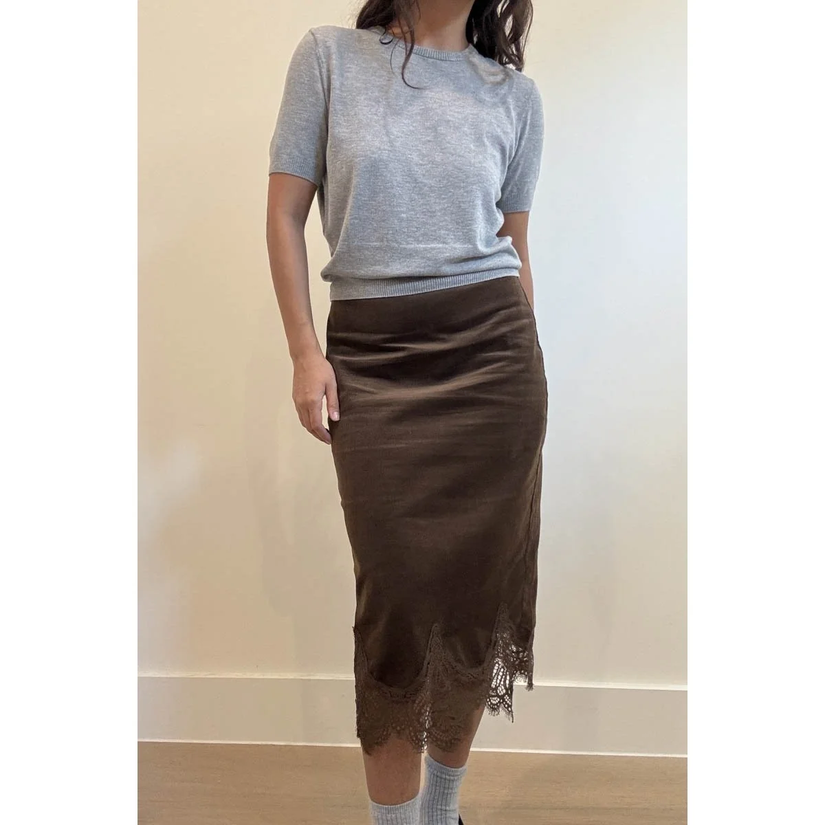 Lace Trimmed Corduroy Midi Skirt Chocolate