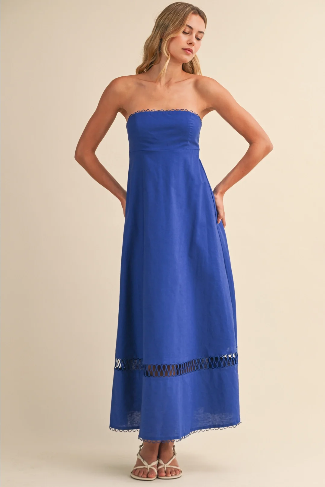 Rope Detail Strapless Linen Midi Dress Royal