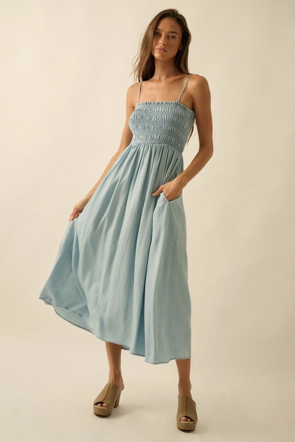 Smocked Midi Sundress Light Chambray