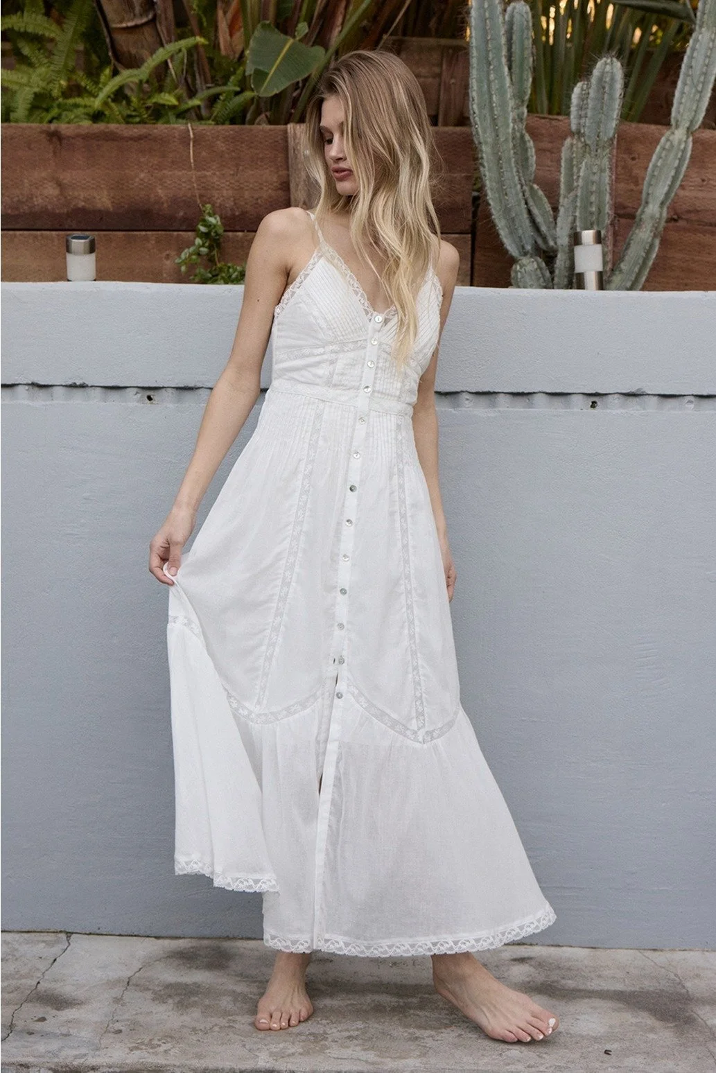 Lace Trim Button Down Maxi Dress White
