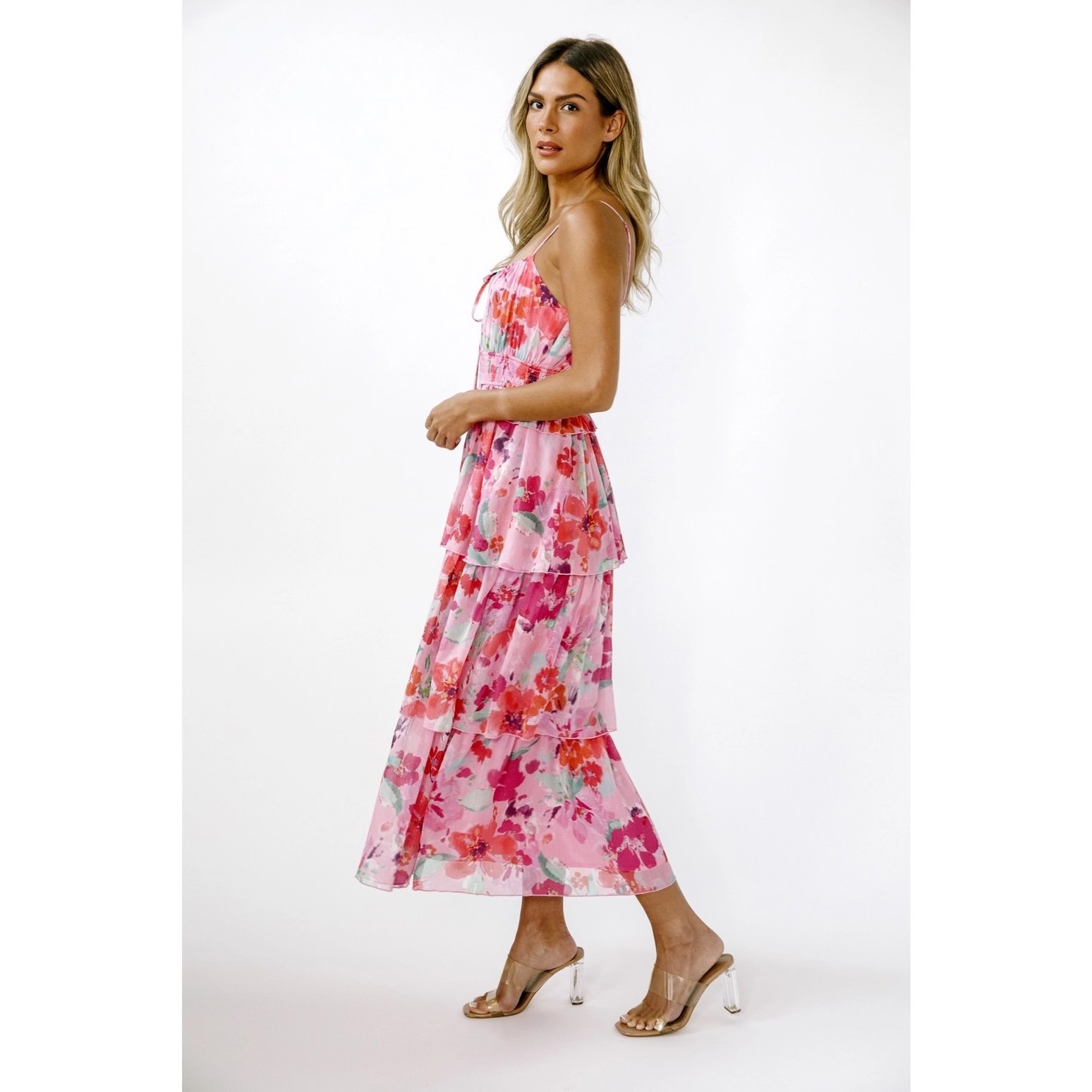 Ruffle Layered Midi Dress Pink Floral