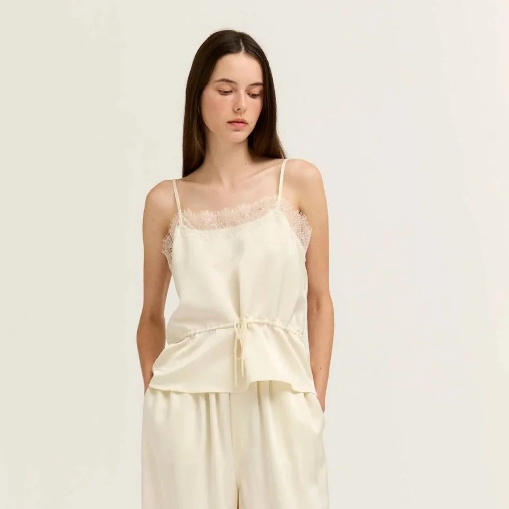 Crinkle Satin & Lace Slip Top Cream