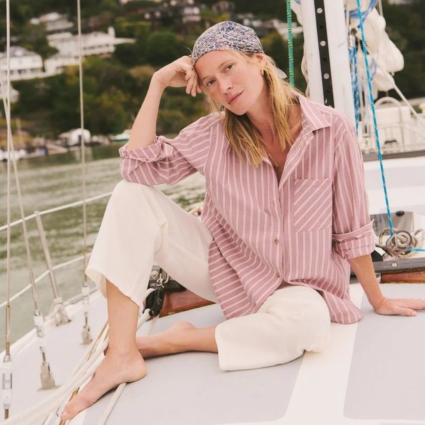 Marine Layer Jane Relaxed Shirt in Cali Poplin Purple Stripe