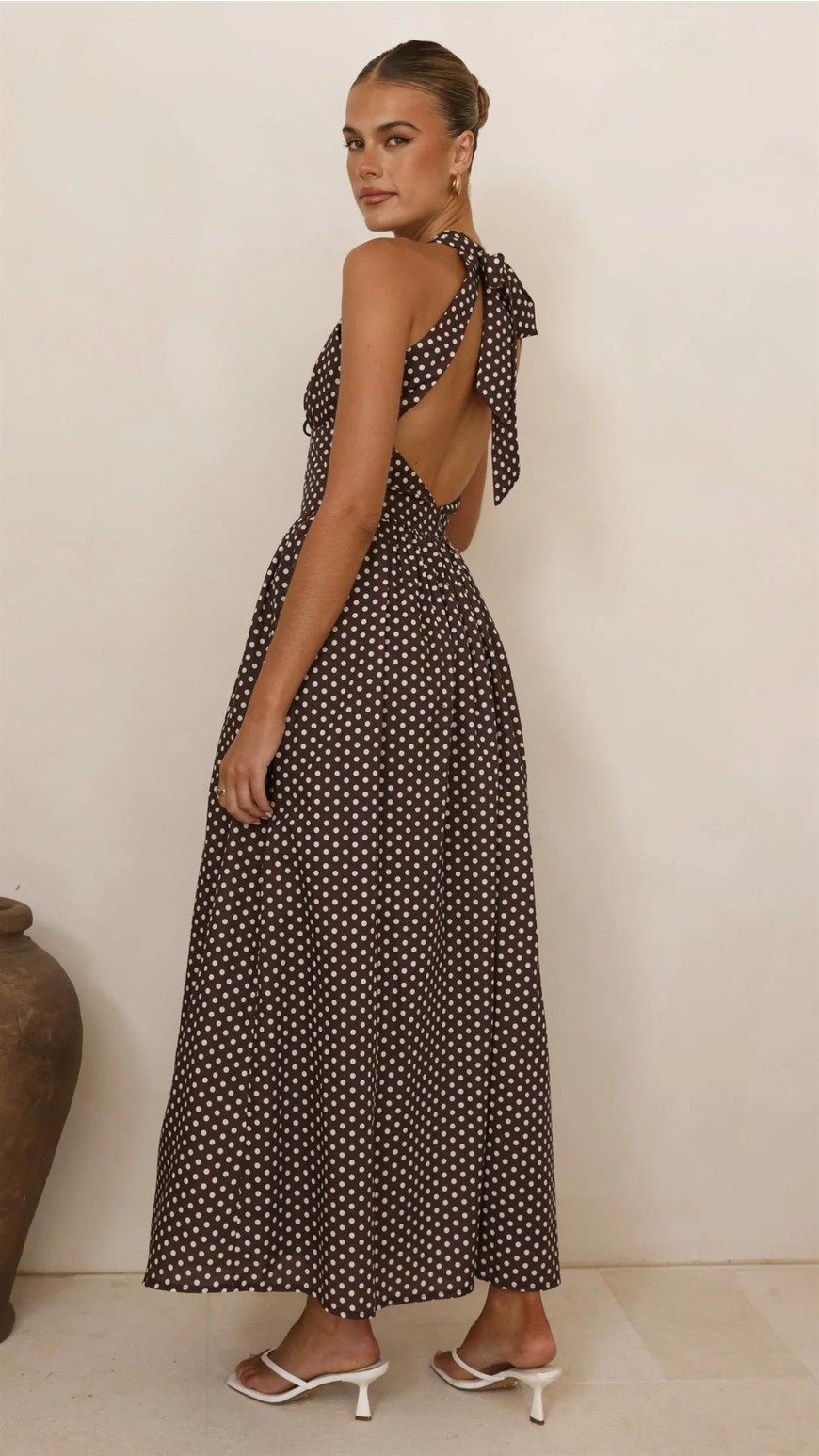brown and white polka dot halter dress V-neck Maxi Chocolate — Byron & Barclay thirteen vintage clothing