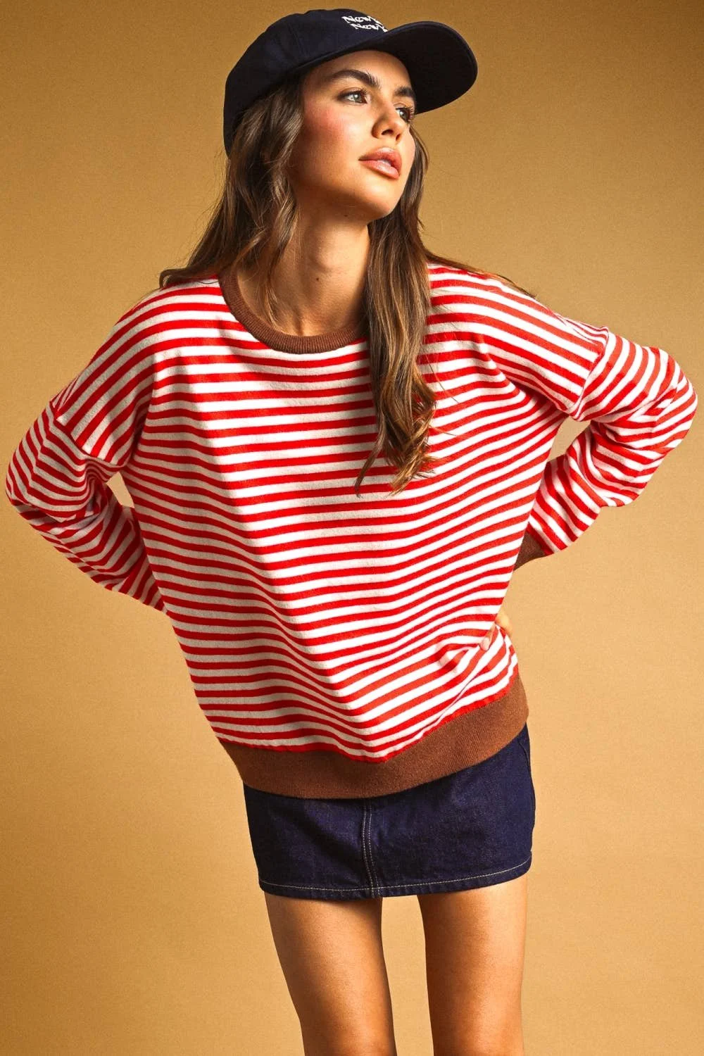 Contrast Trim Striped Sweater Red & Brown