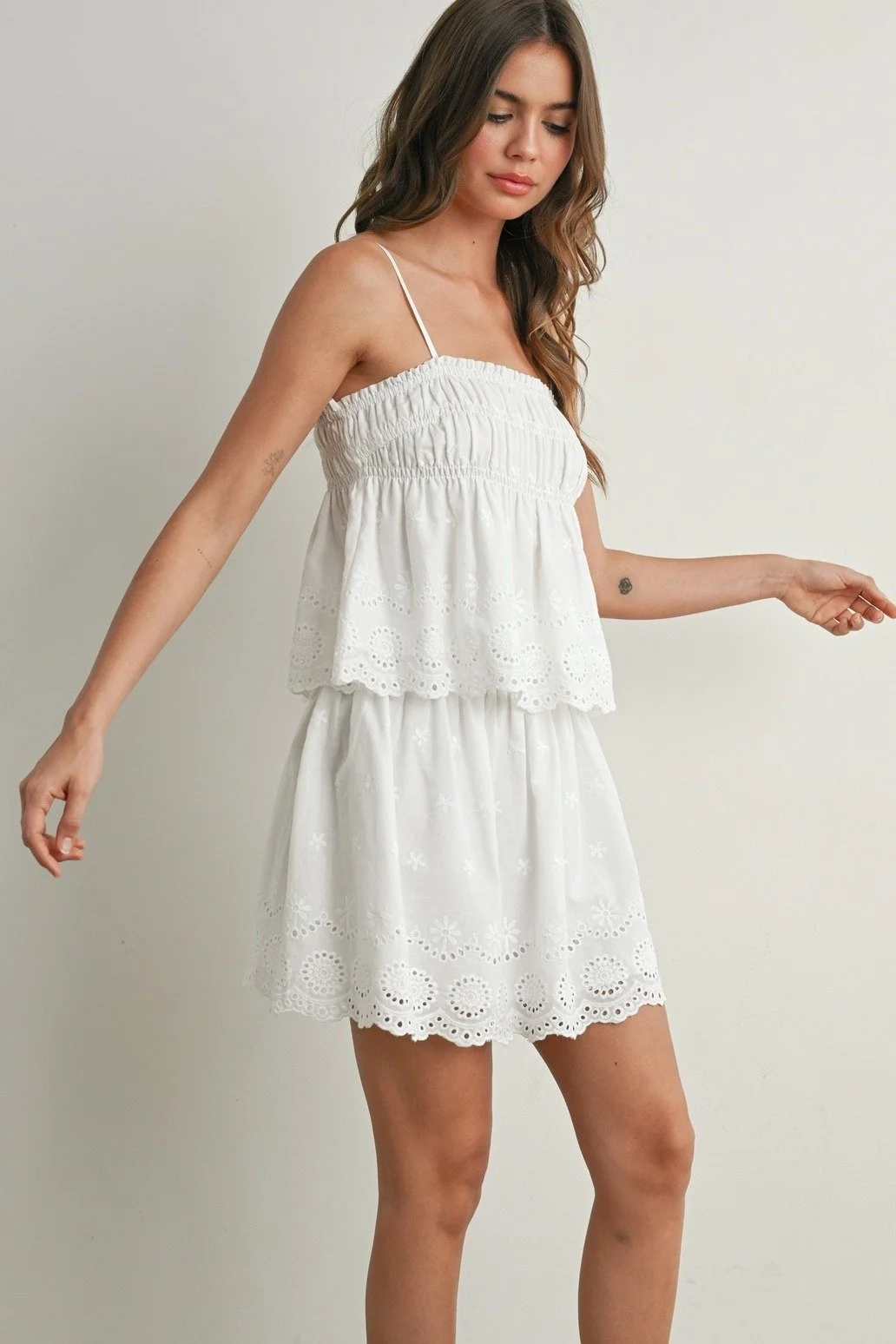 Eyelet Ruffle Smocked Top White