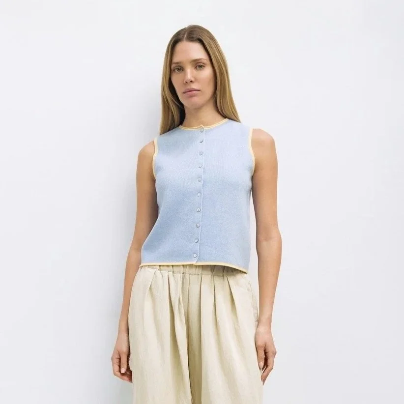 The Lisa Contrast Trim Sleeveless Cardigan Blue & Yellow