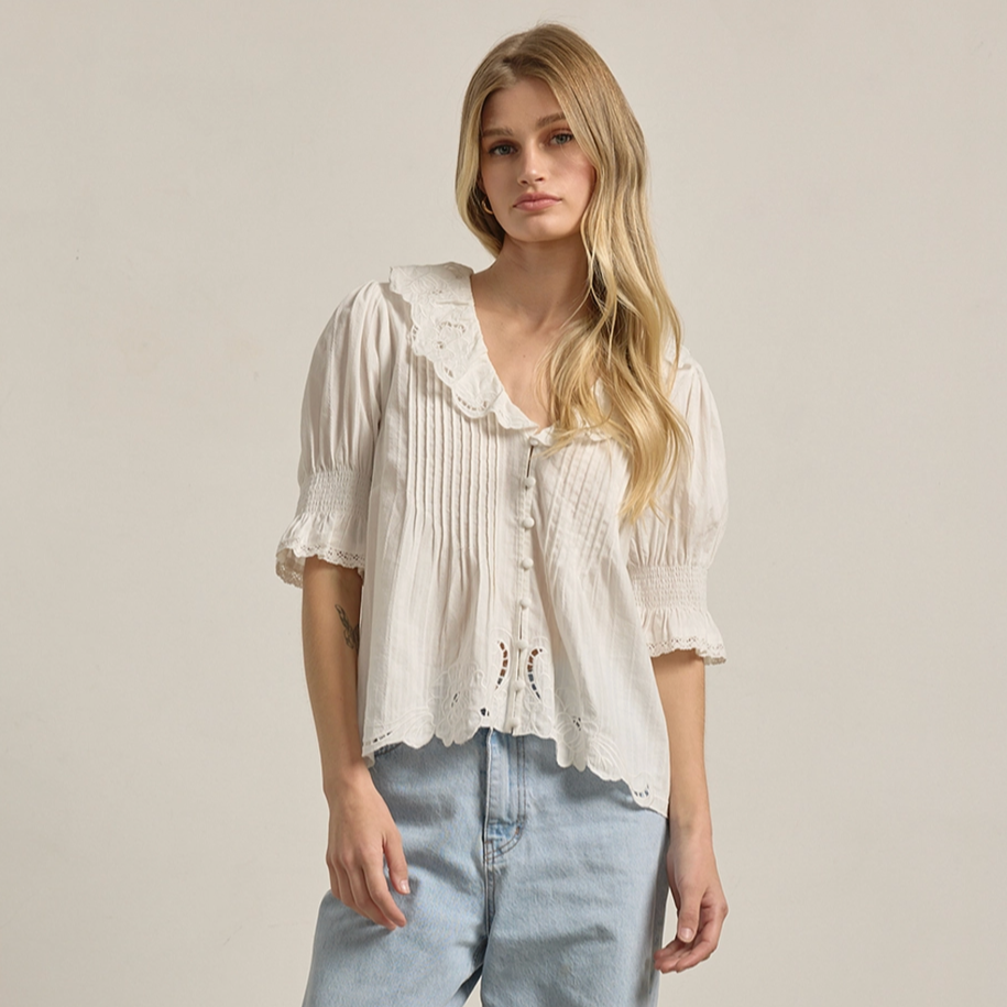 Embroidered Ruffle Collar Blouse Ivory