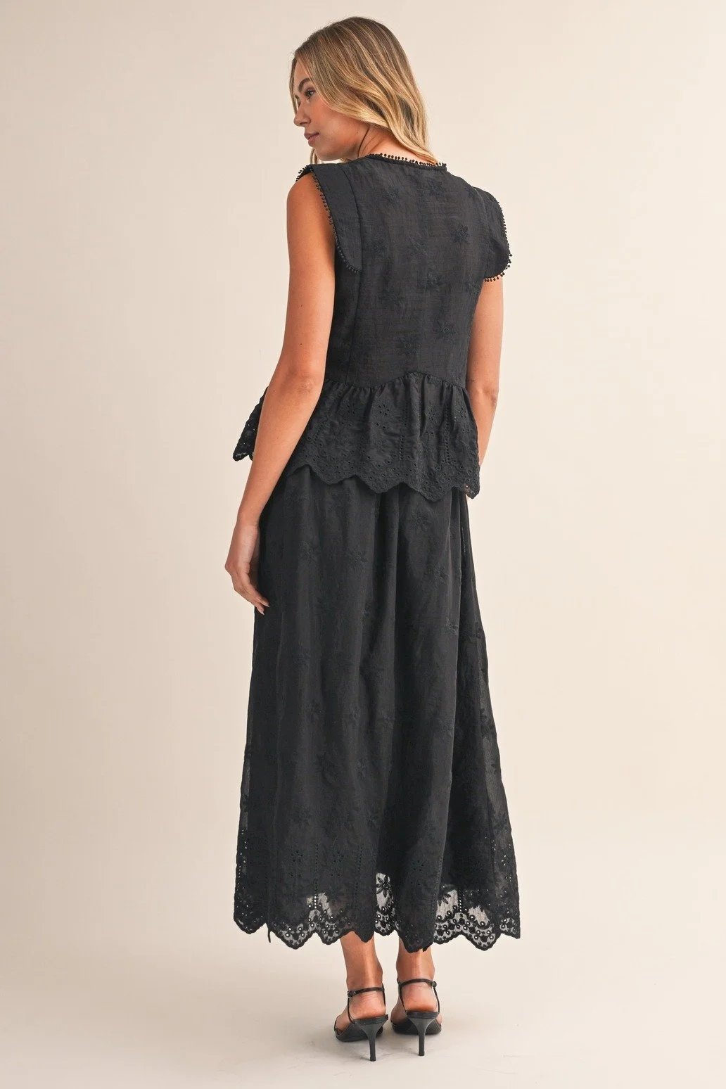 Embroidered Eyelet Blouse & Midi Skirt Set Black