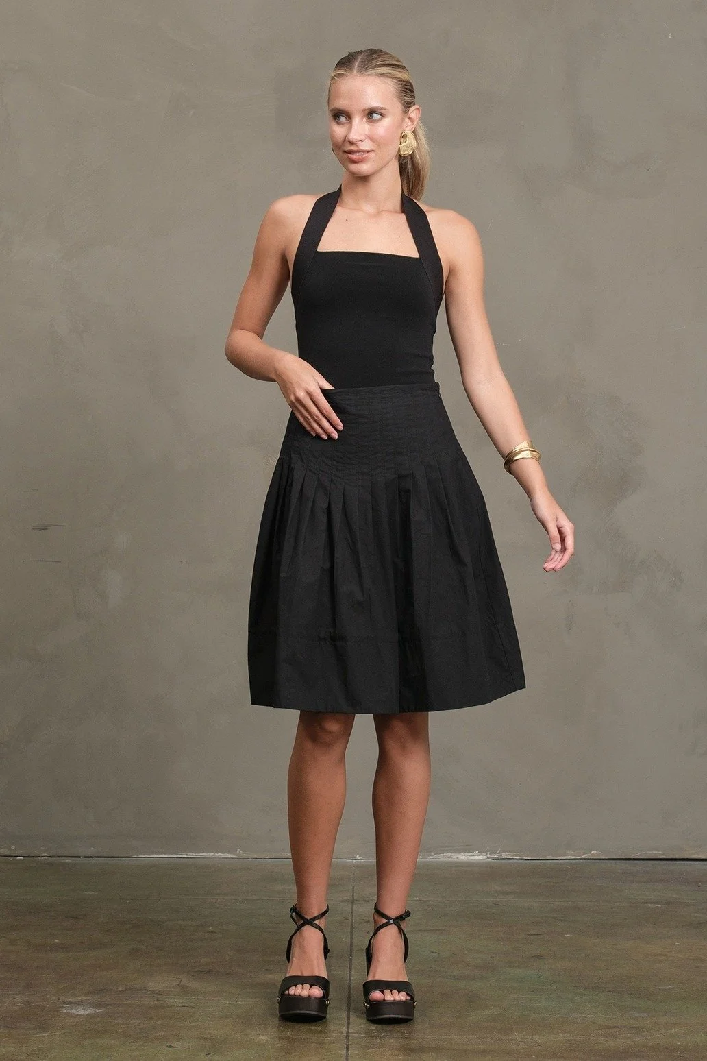 Structured Pleat Full Midi Skirt Black