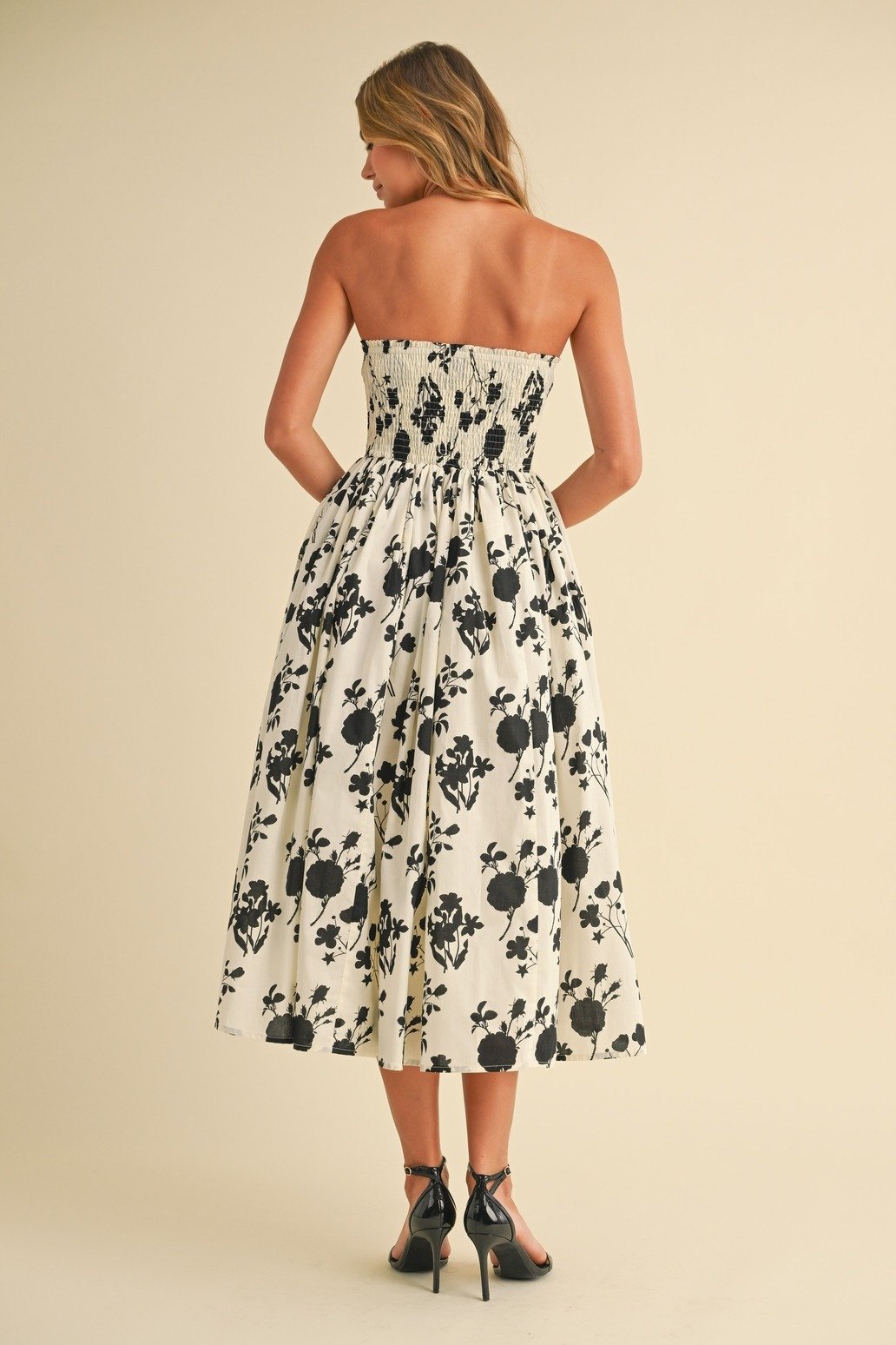 Strapless Tea Dress Ivory & Black Floral