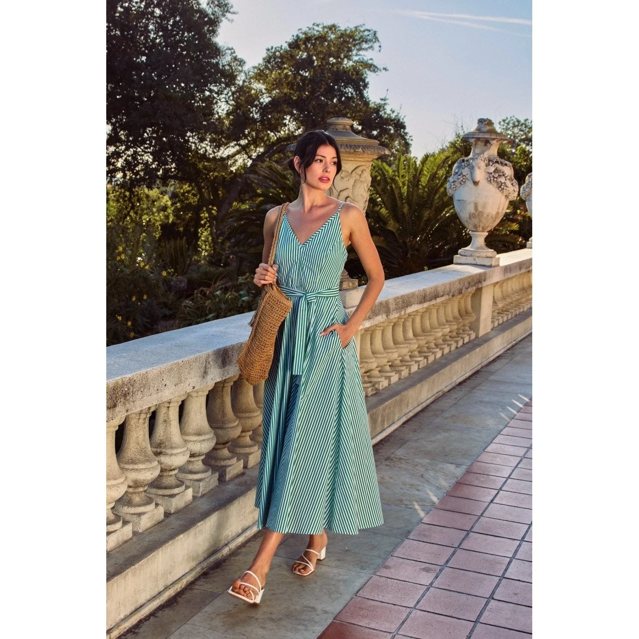 V-neck Midi Sundress Kelly Green Stripe