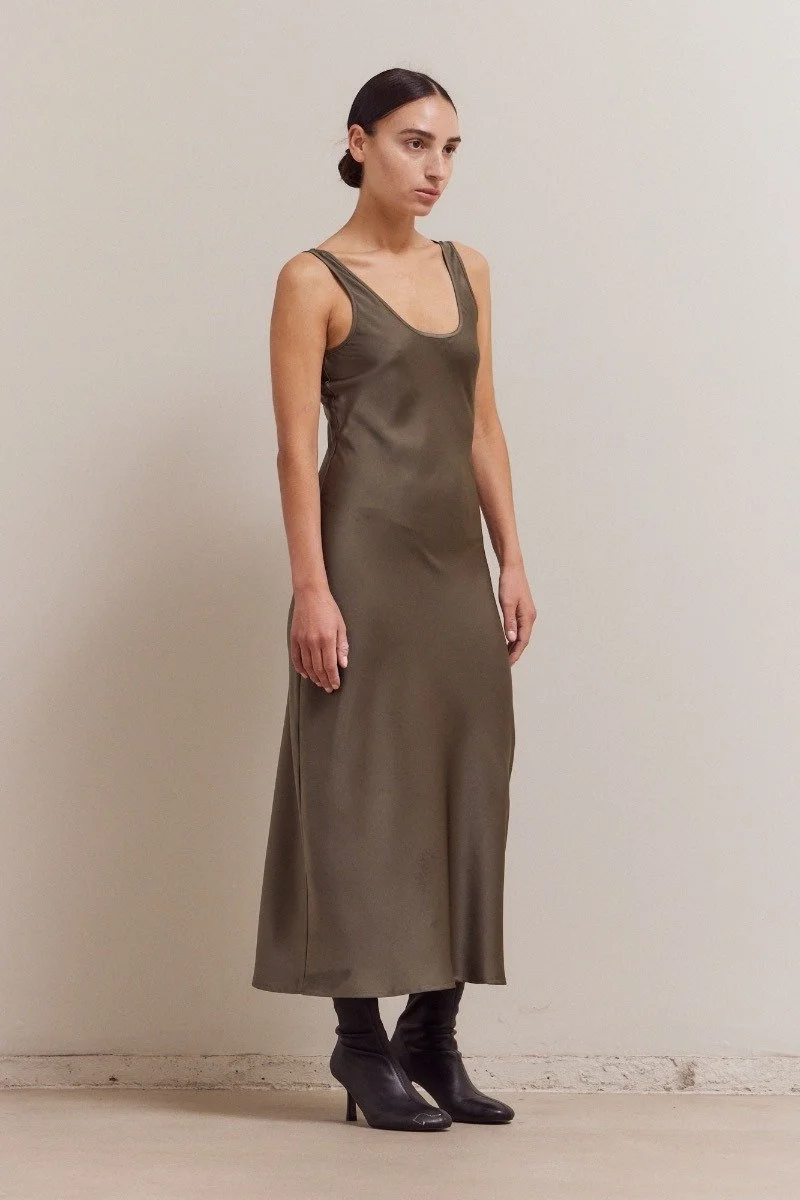 Scoop Neck Satin Maxi Slip Dress Olive