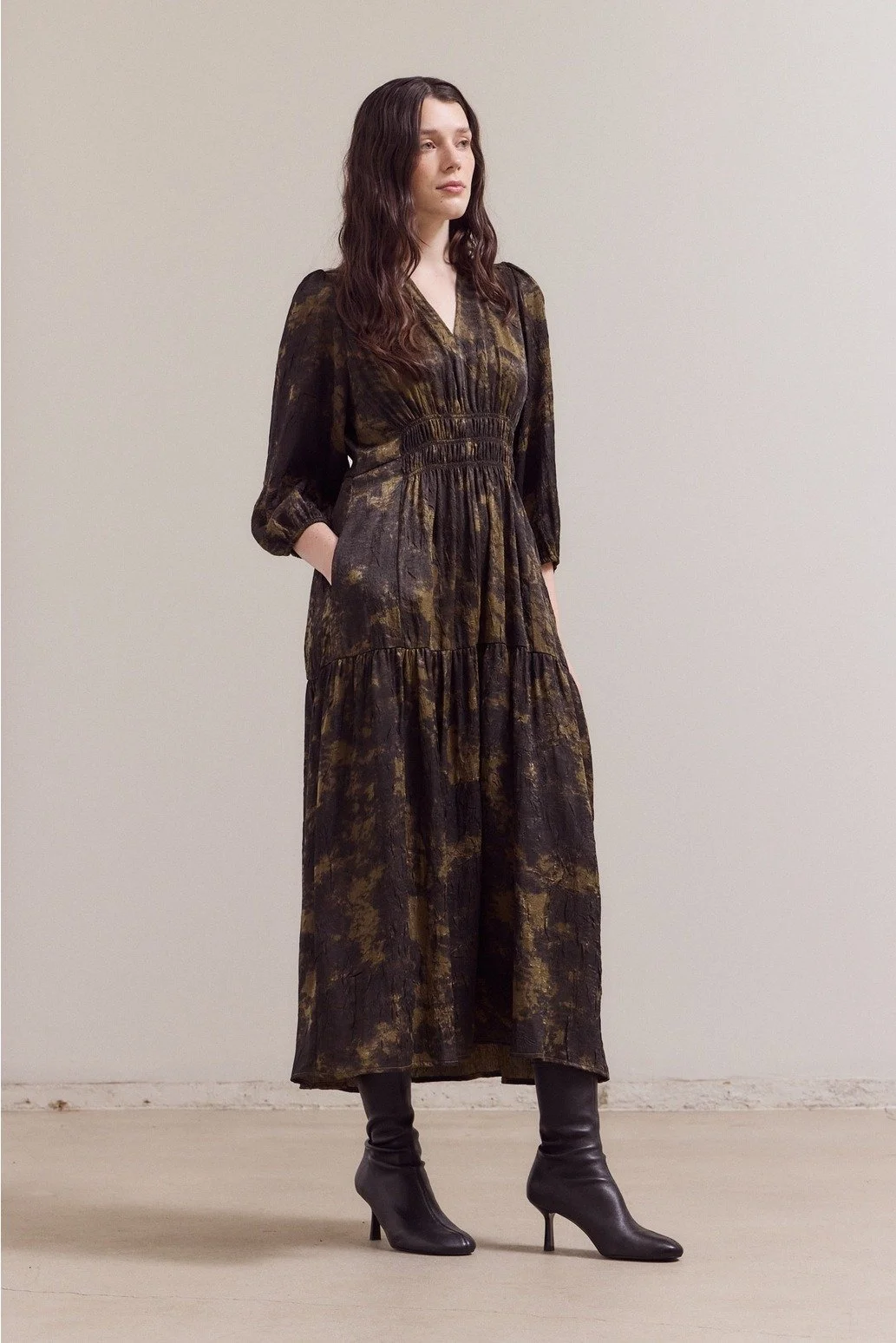 3/4 Sleeves Printed Midi Dress Tapenade