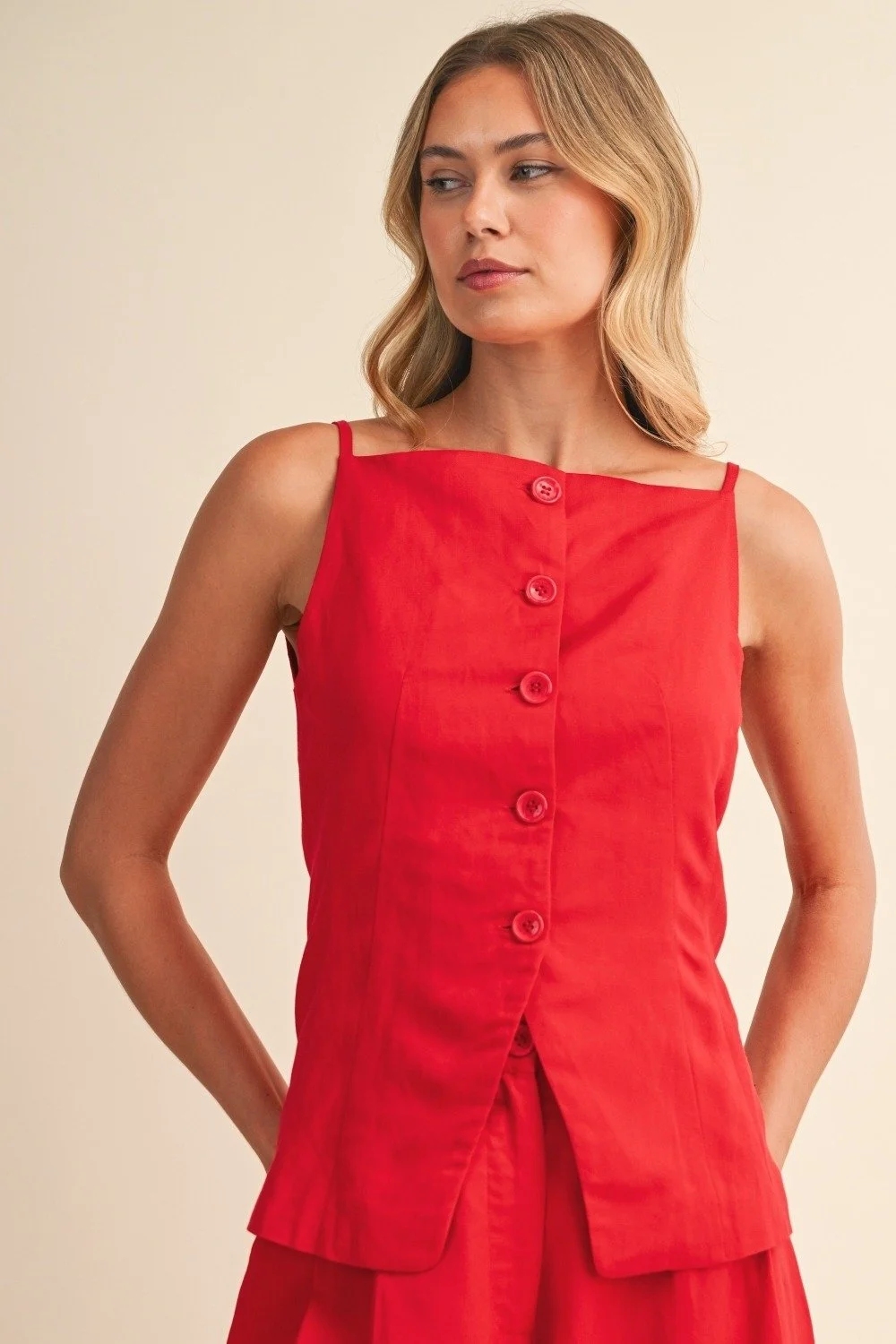 Linen Button Vest & Culotte Shorts Set Red