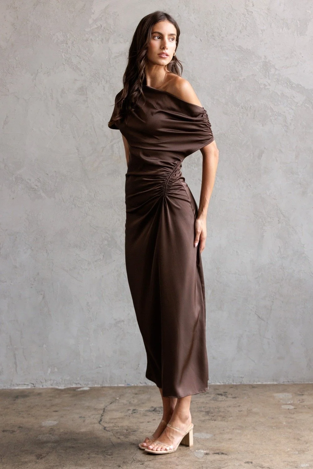 One Shoulder Ruched Satin Midi Dress Chocolate