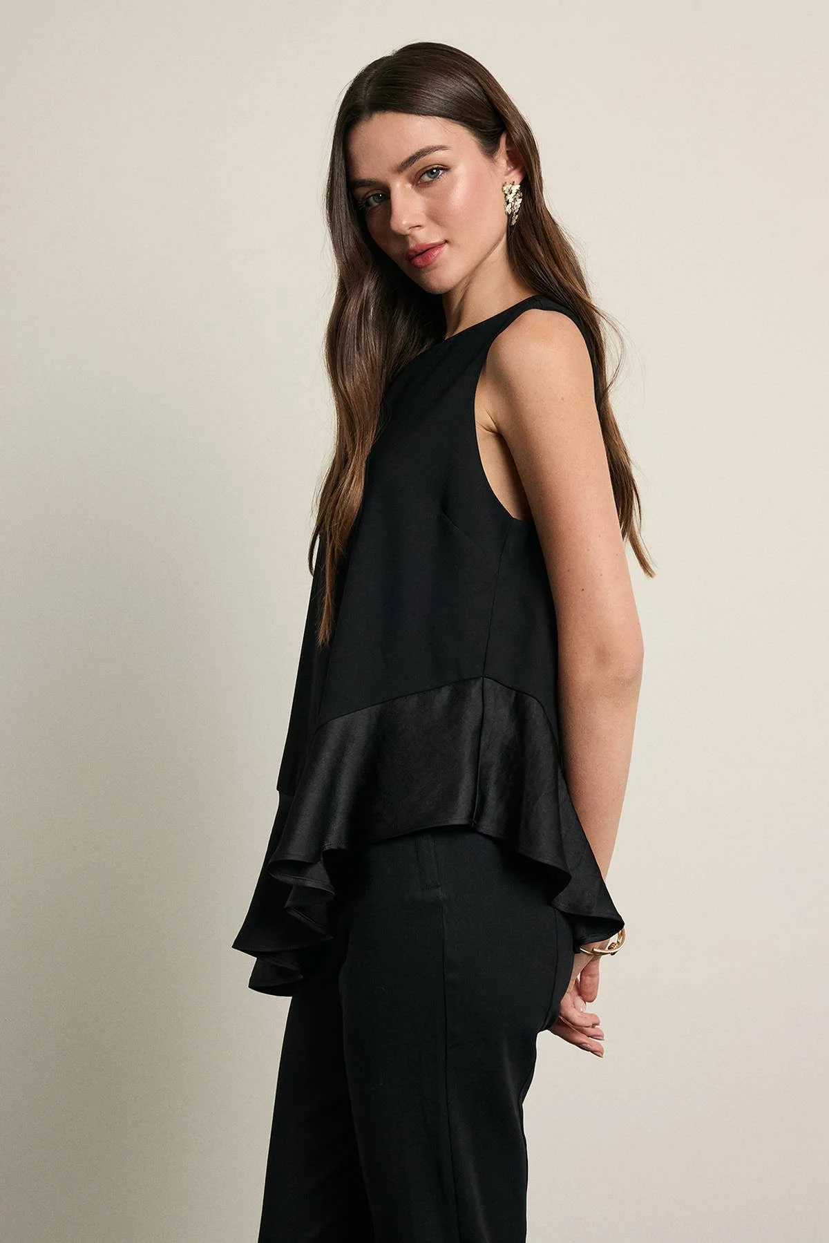 Satin Ruffle Hem Sleeveless Blouse Black