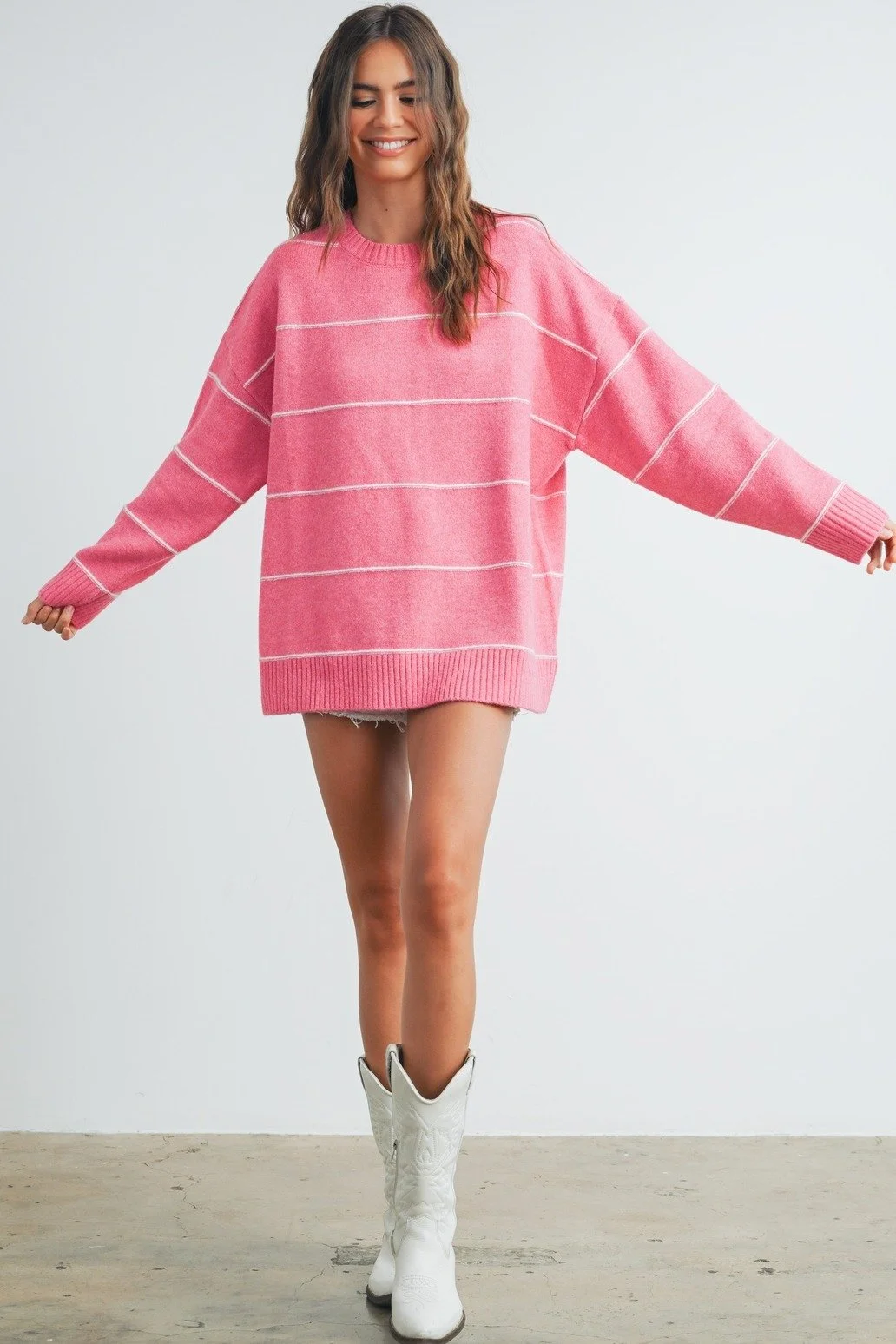 Relaxed Drop Shoulder Sweater Pink Stripe