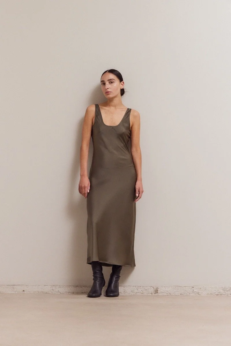 Scoop Neck Satin Maxi Slip Dress Olive