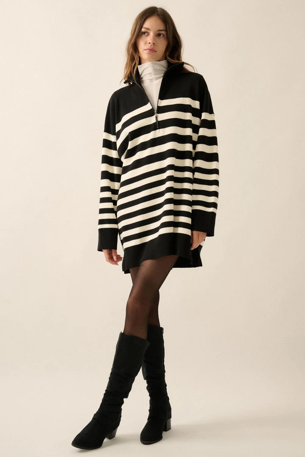 Collared Half-Zip Sweater Dress Black & Cream Stripe  Byron & Barclay