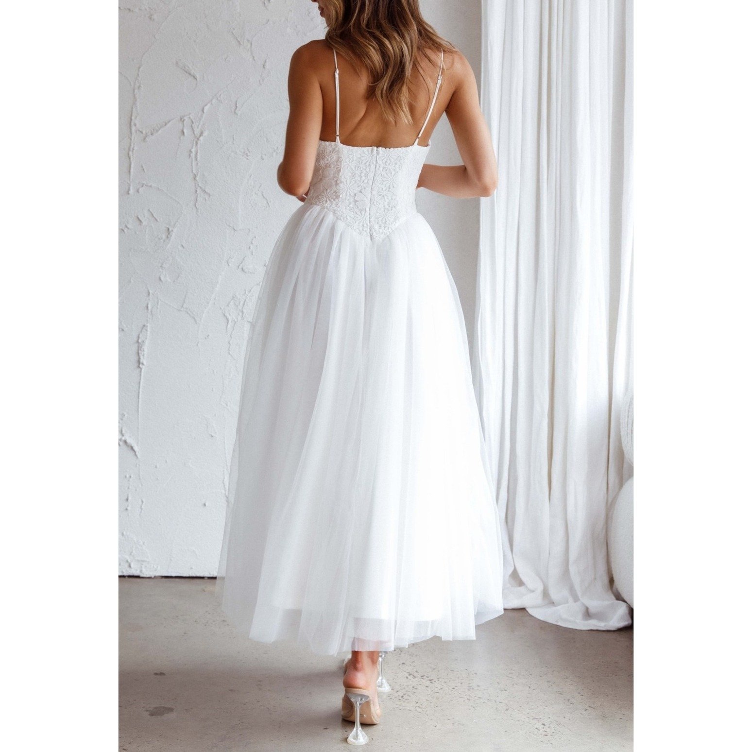 Lace Floral Corset Fit & Flare Midi Dress White