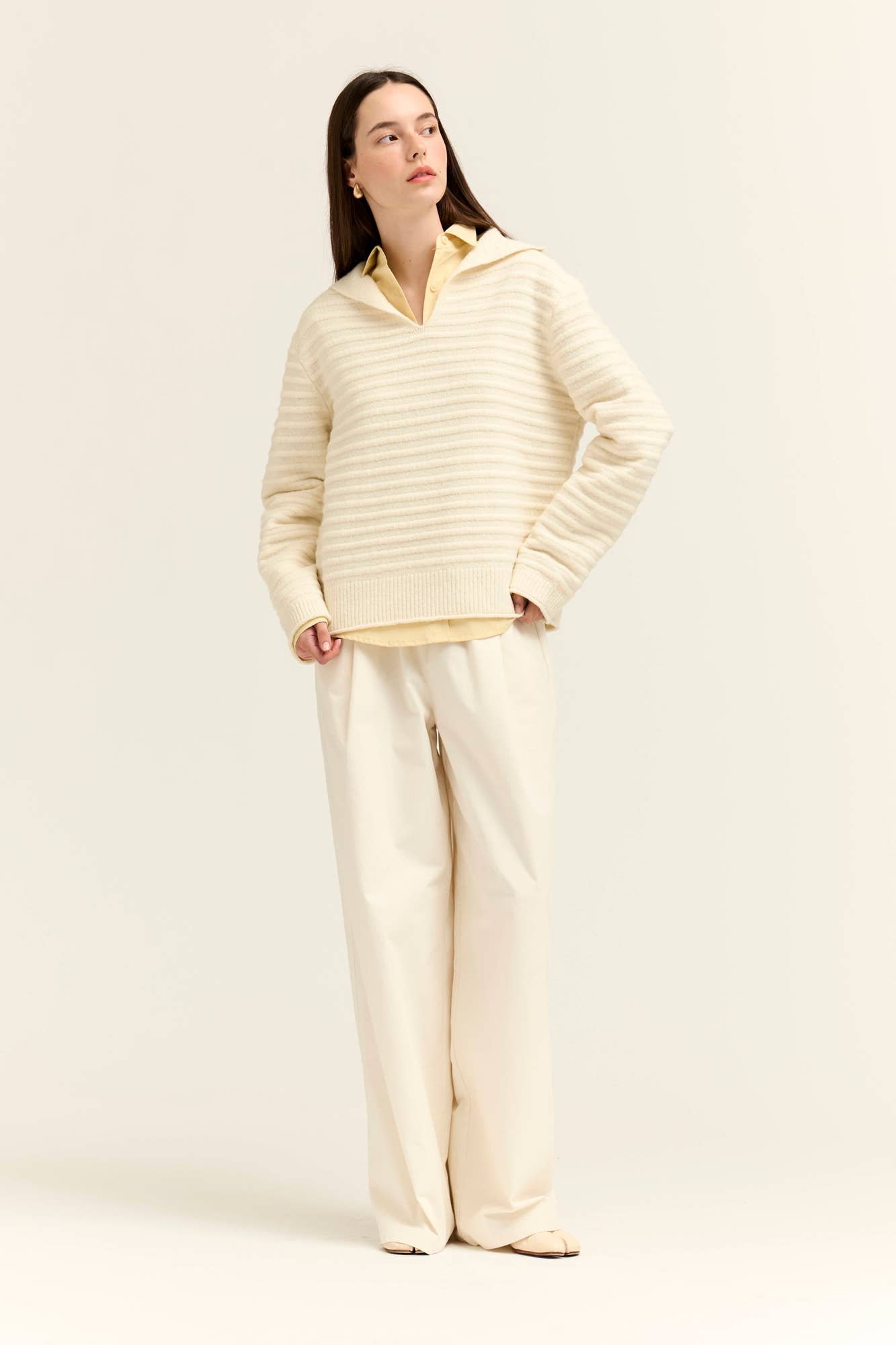 Sailor Collar Textured Knit Pullover Ivory