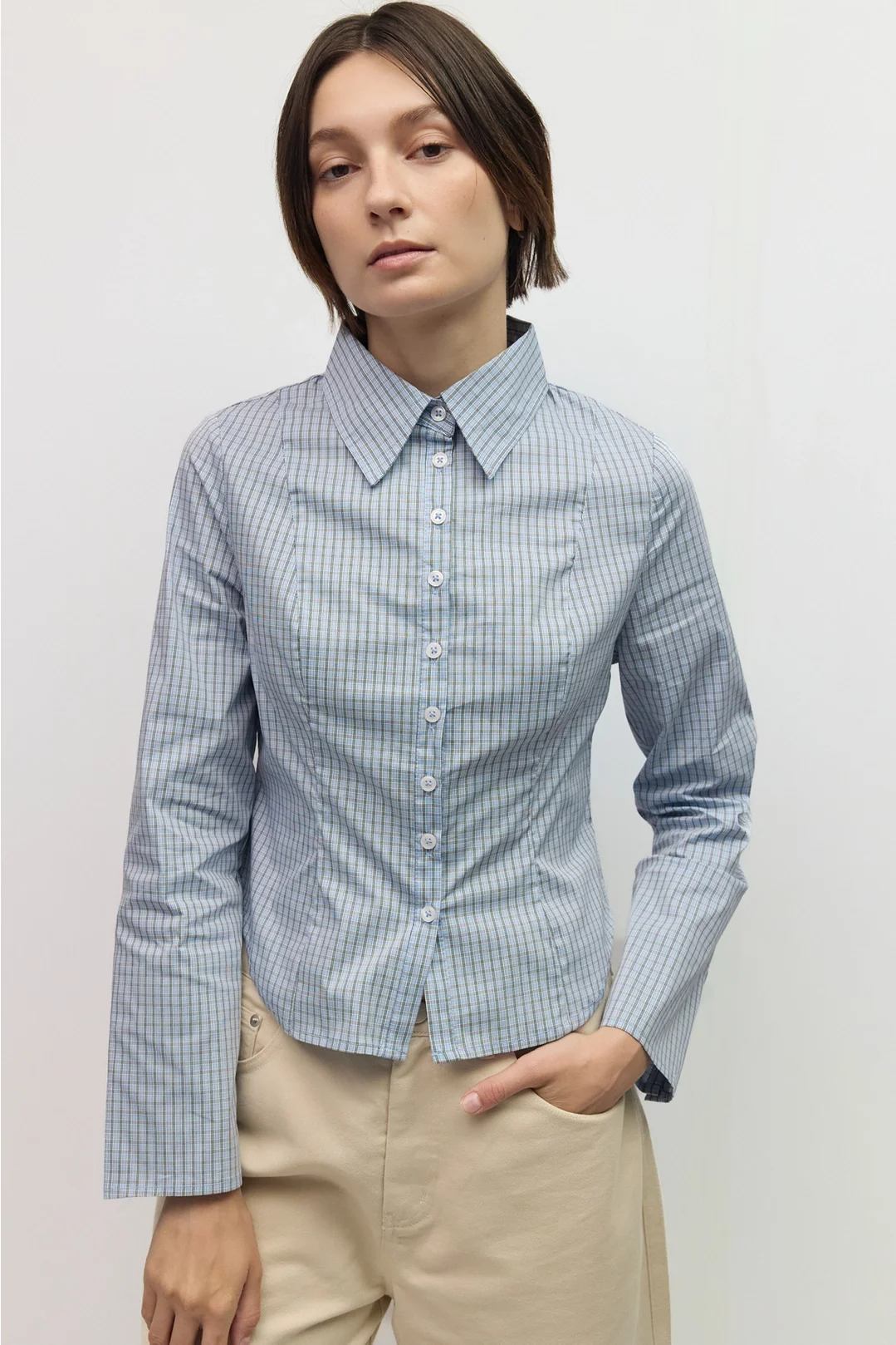 The Nicole Tapered Collared Top Blue Plaid