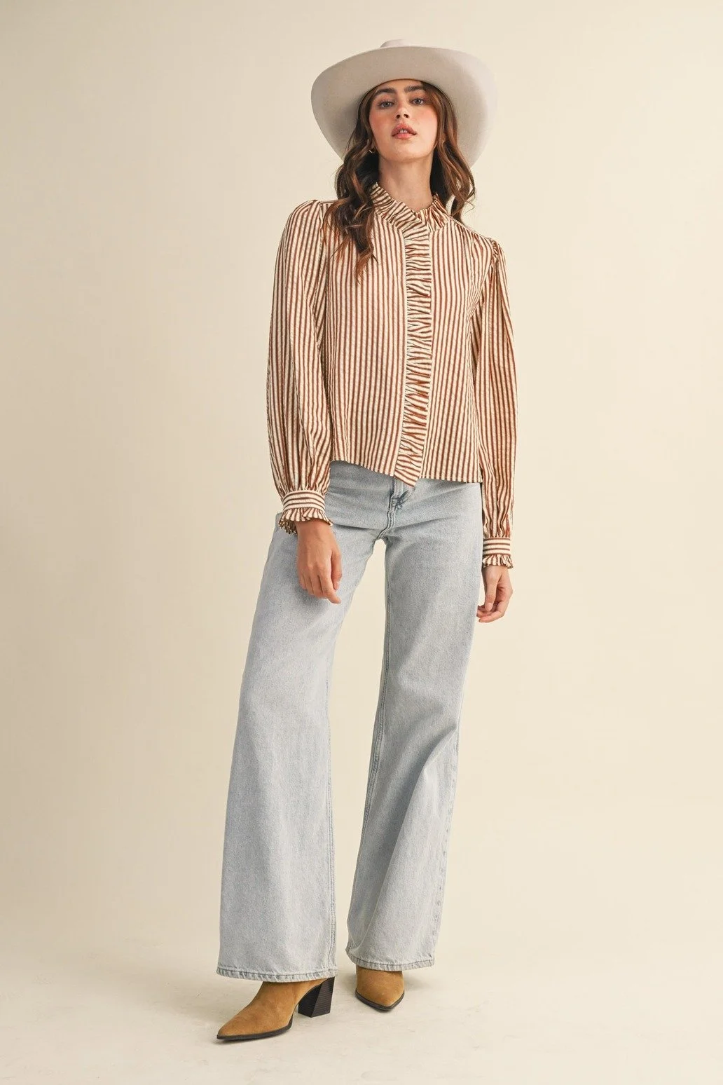 Ruffle Collar Button Front Blouse Pecan Ticking Stripe