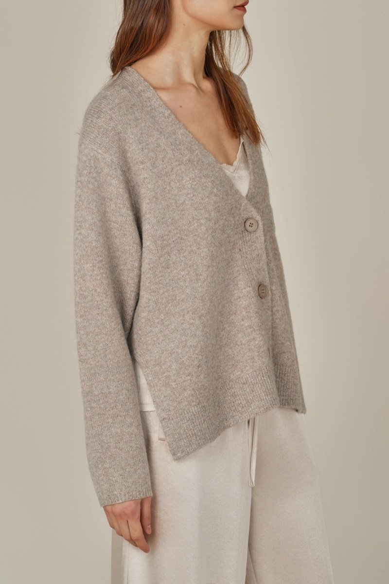 Side Vent V-neck Cardigan Sweater Dark Greige