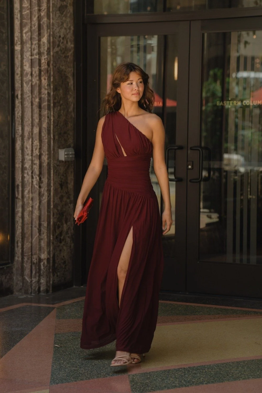 One Shoulder Mesh Maxi Dress Raisin