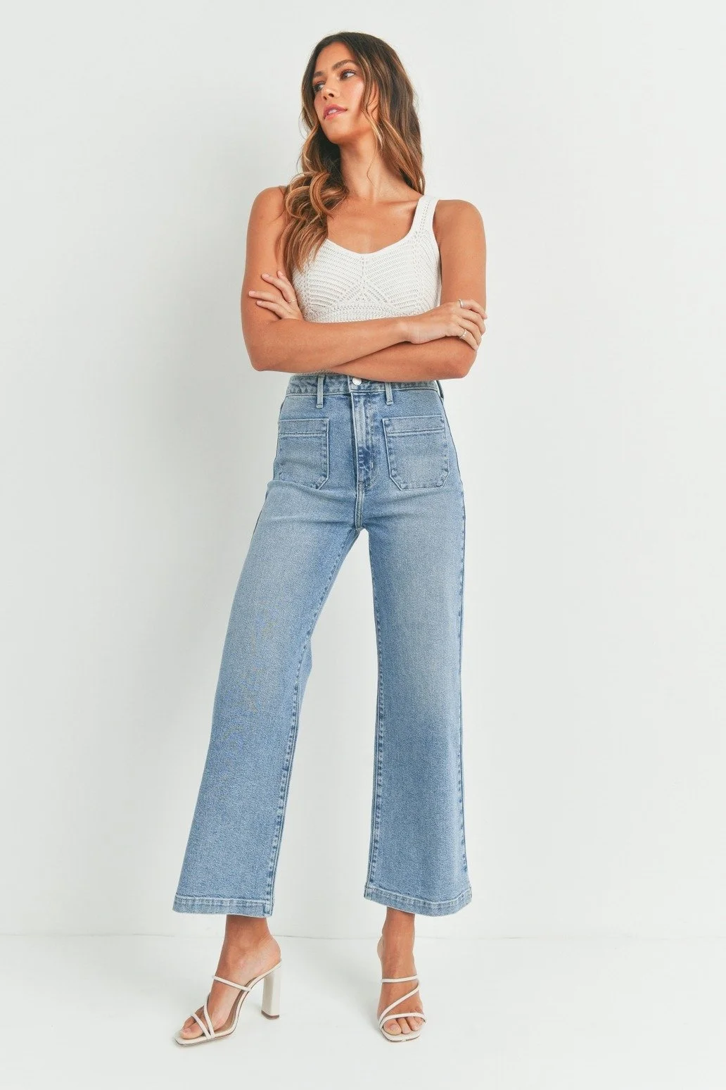 Patch Pocket Wide Leg Jeans Light Denim