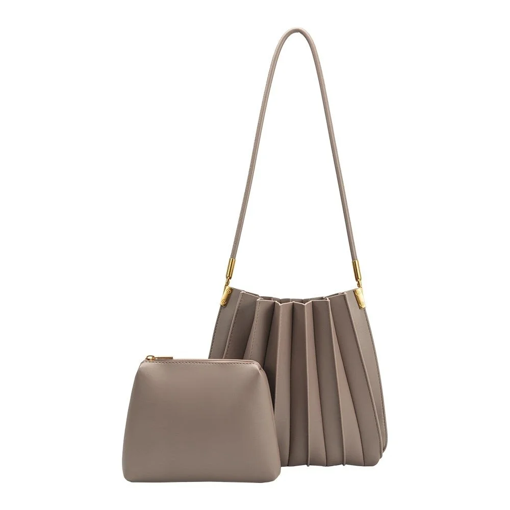 Carrie Pleated Vegan Shoulder Bag Mushroom