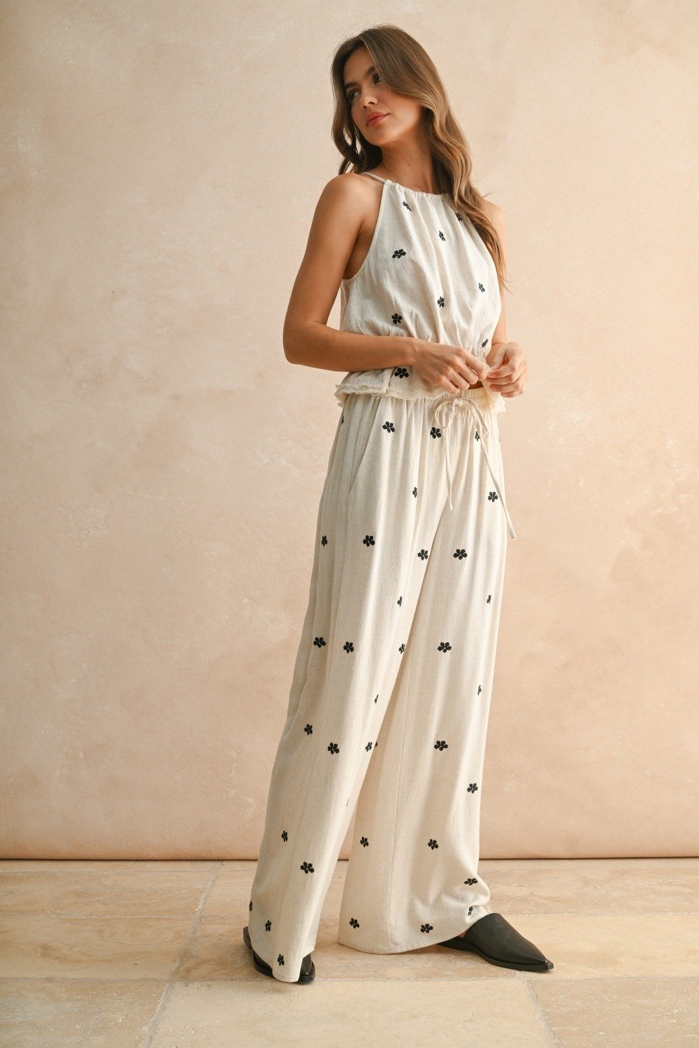 Embroidered Halter Neck Top Oatmeal