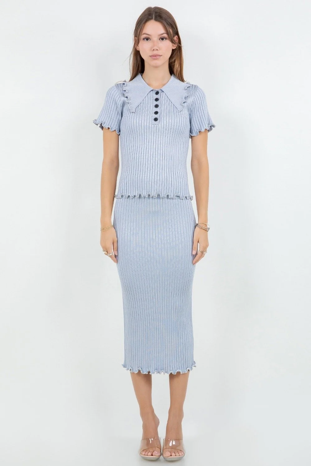 Ruffled Beaded Edge Sweater Top Baby Blue