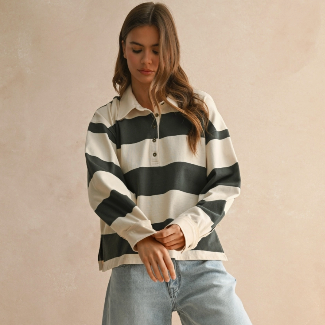 Boxy Knit Rugby Polo Olive Stripe