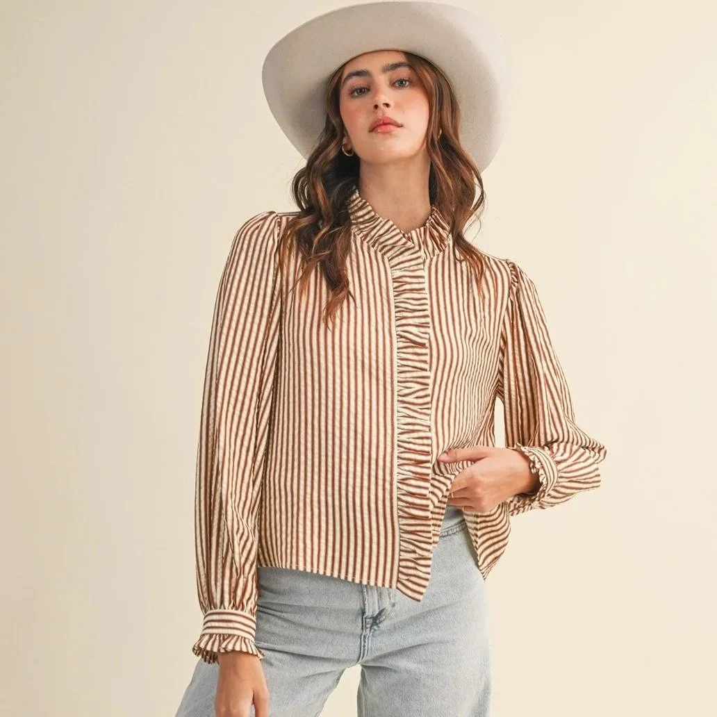Ruffle Collar Button Front Blouse Pecan Ticking Stripe