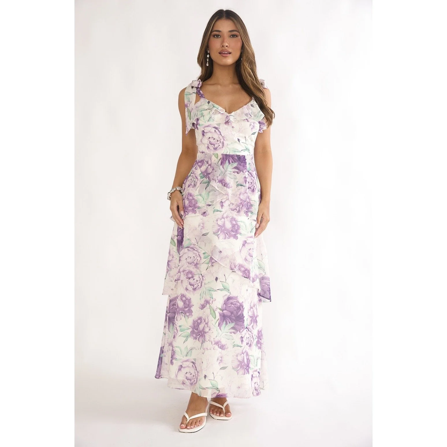 Tie Shoulder Tiered Maxi Dress Purple Floral