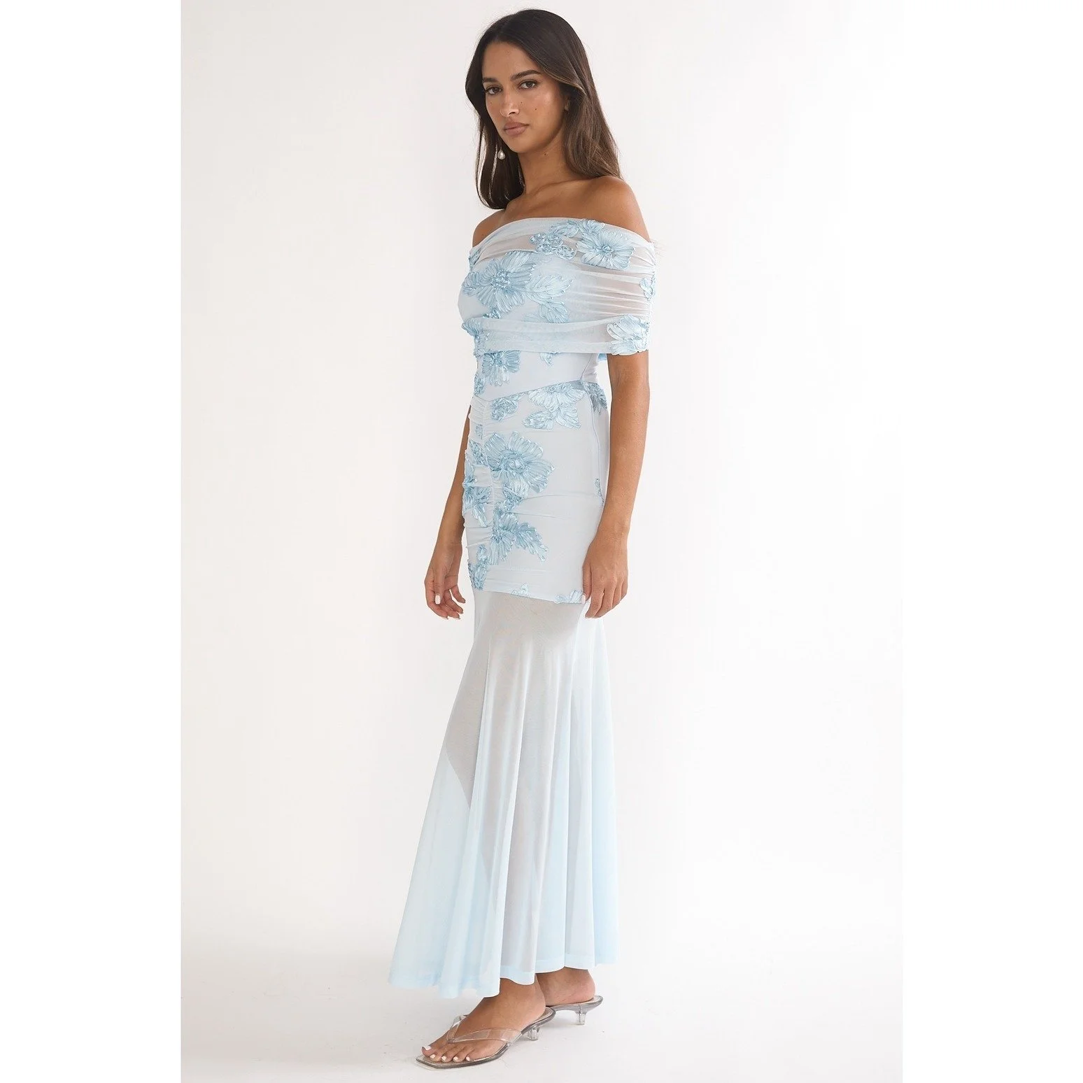 Off Shoulder Floral Maxi Dress Ice Blue