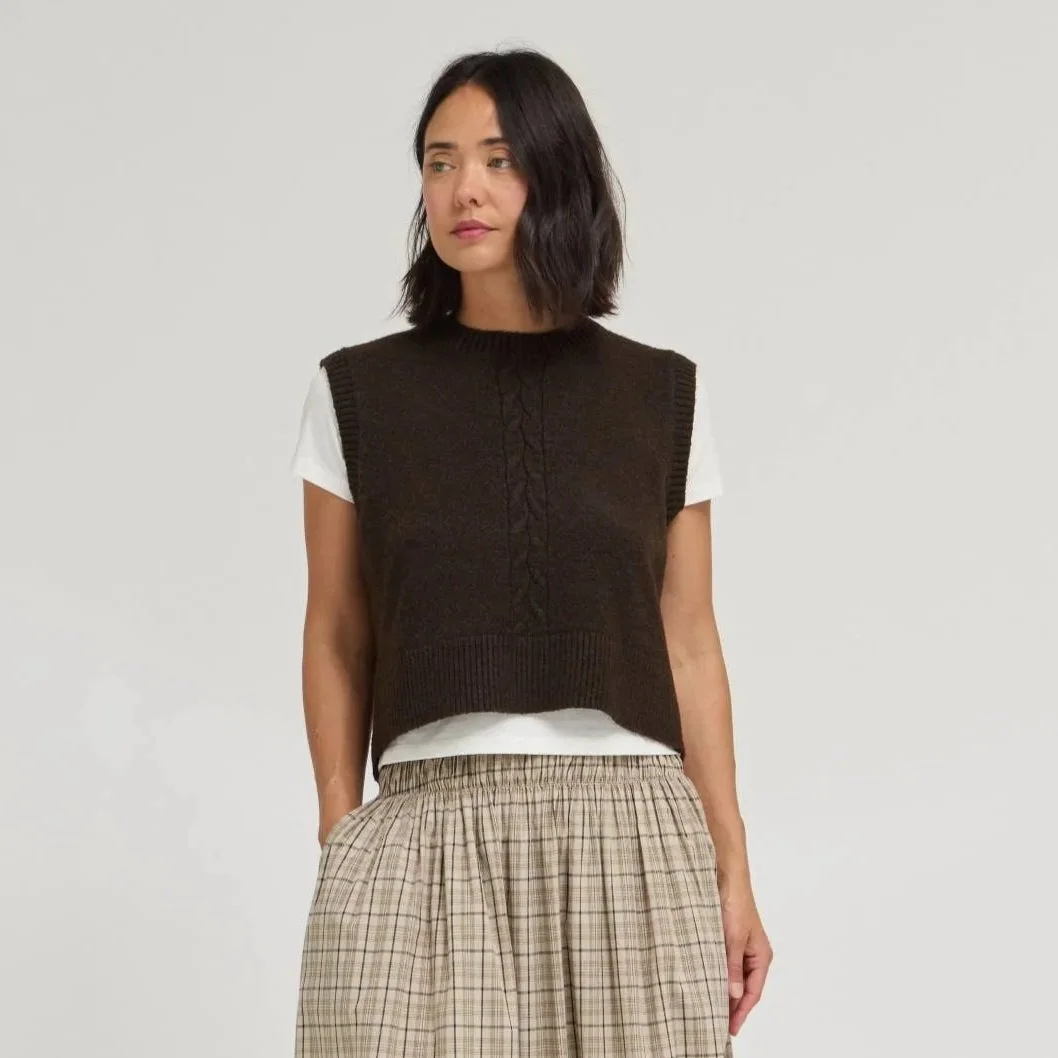 Button Back Cable Knit Sweater Vest Carob