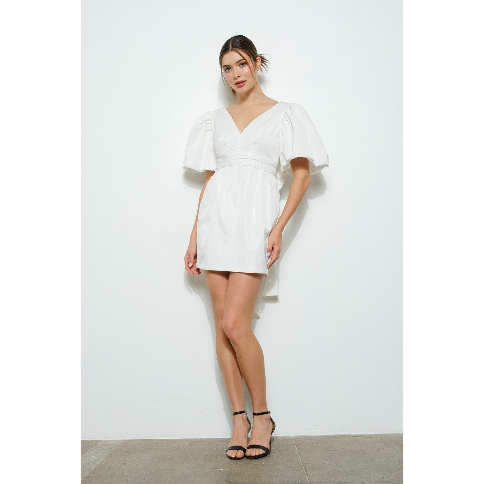 Puff Sleeve Bow Back Mini Dress White