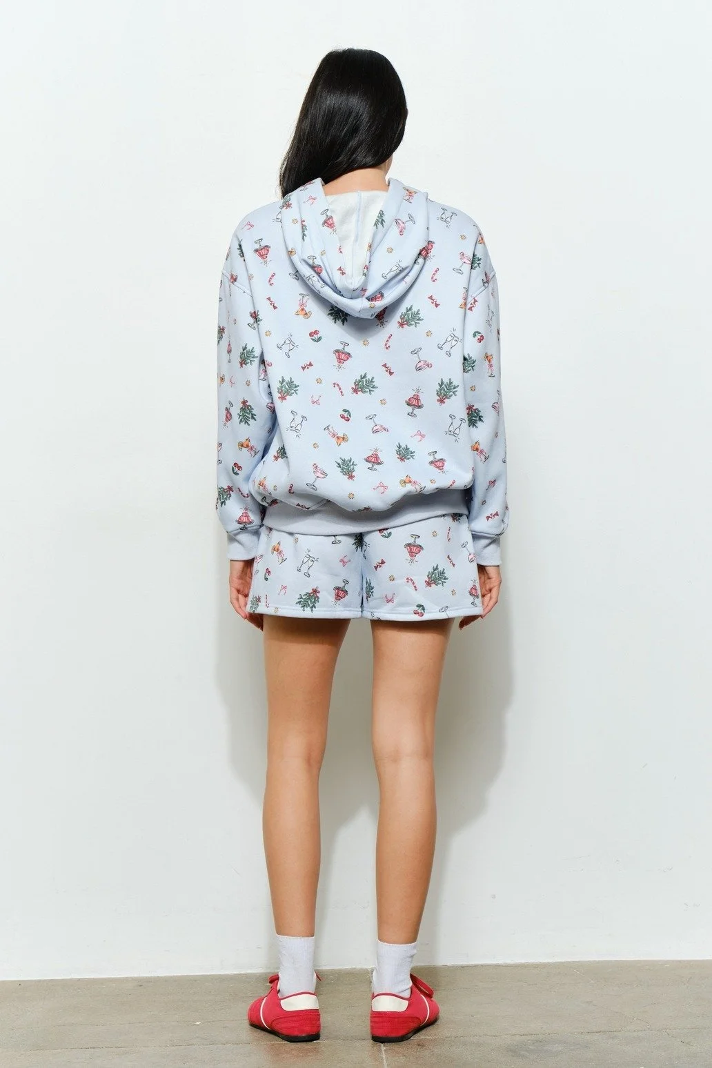 Retro Christmas Print Hoodie Baby Blue