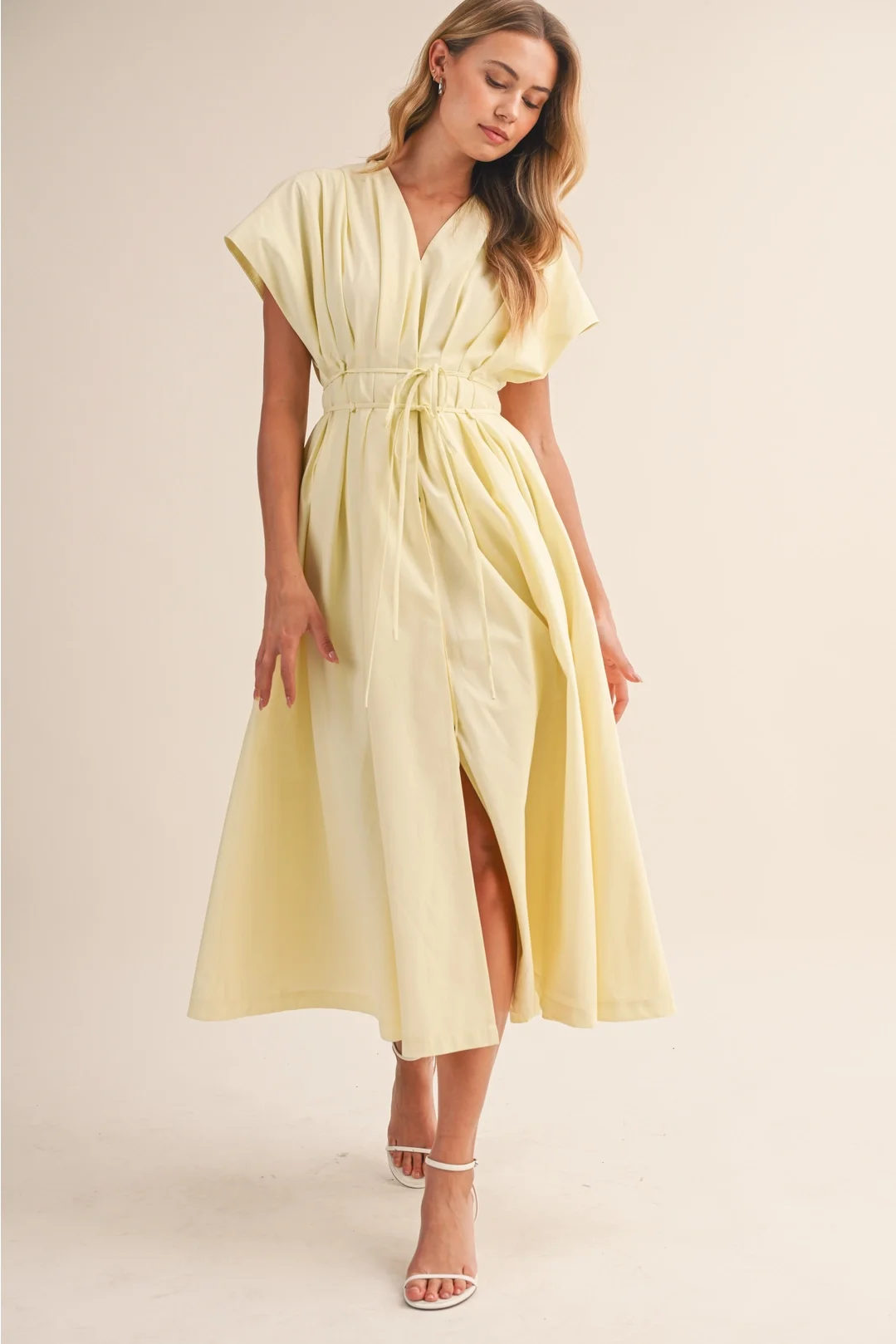 V-neck Pleated Button Down Midi Dress Butter