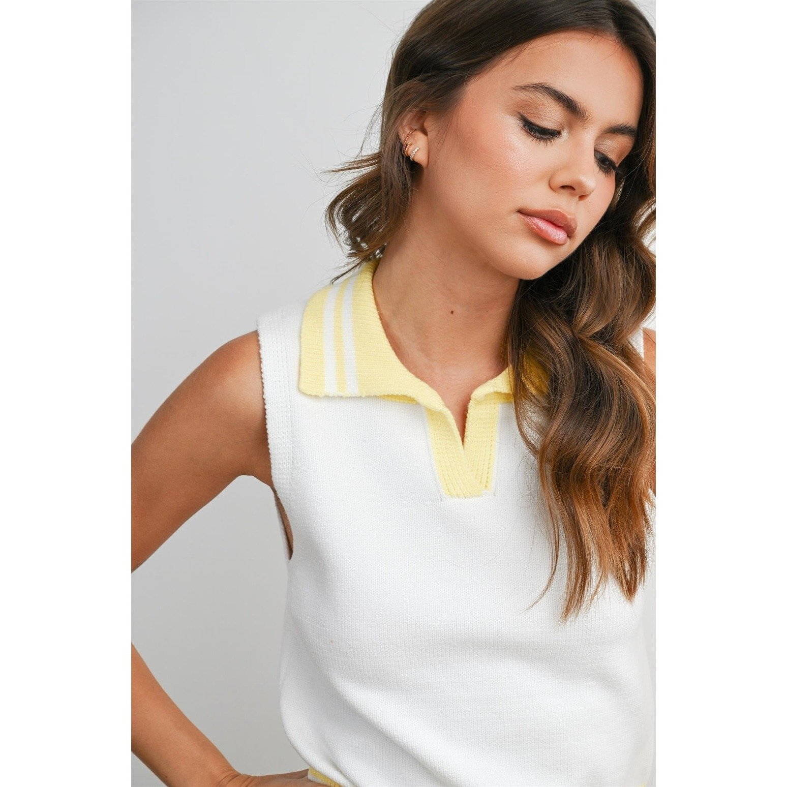 Collared Sweater Tank Ivory with Yellow