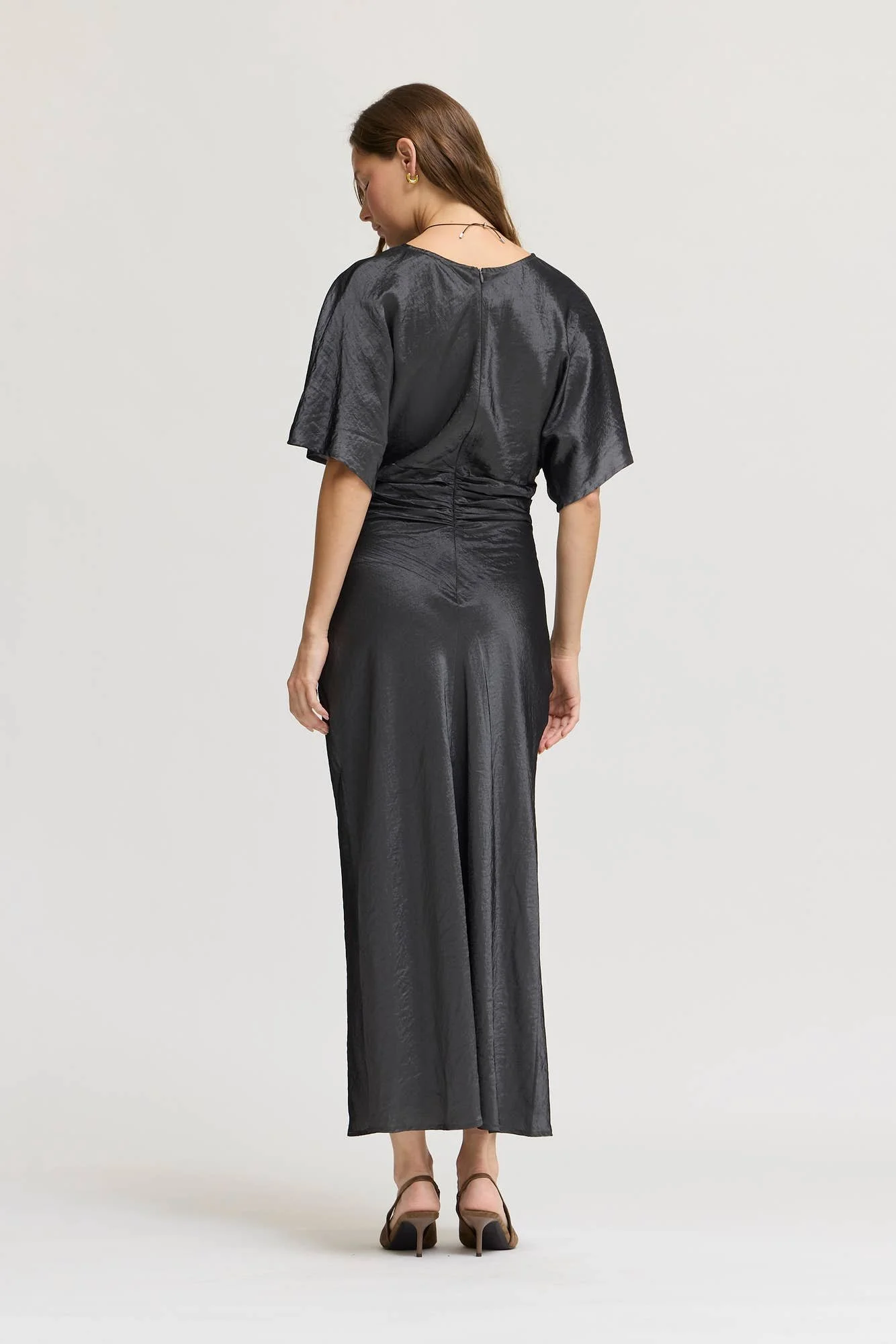 Ruched Waist Satin Midi Dress Granite