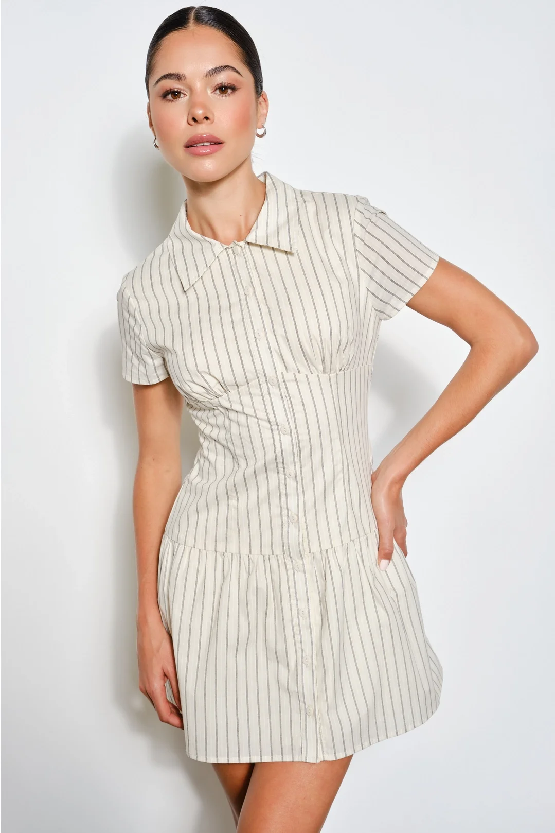 Loretta Shirt Mini Dress Beige Stripe