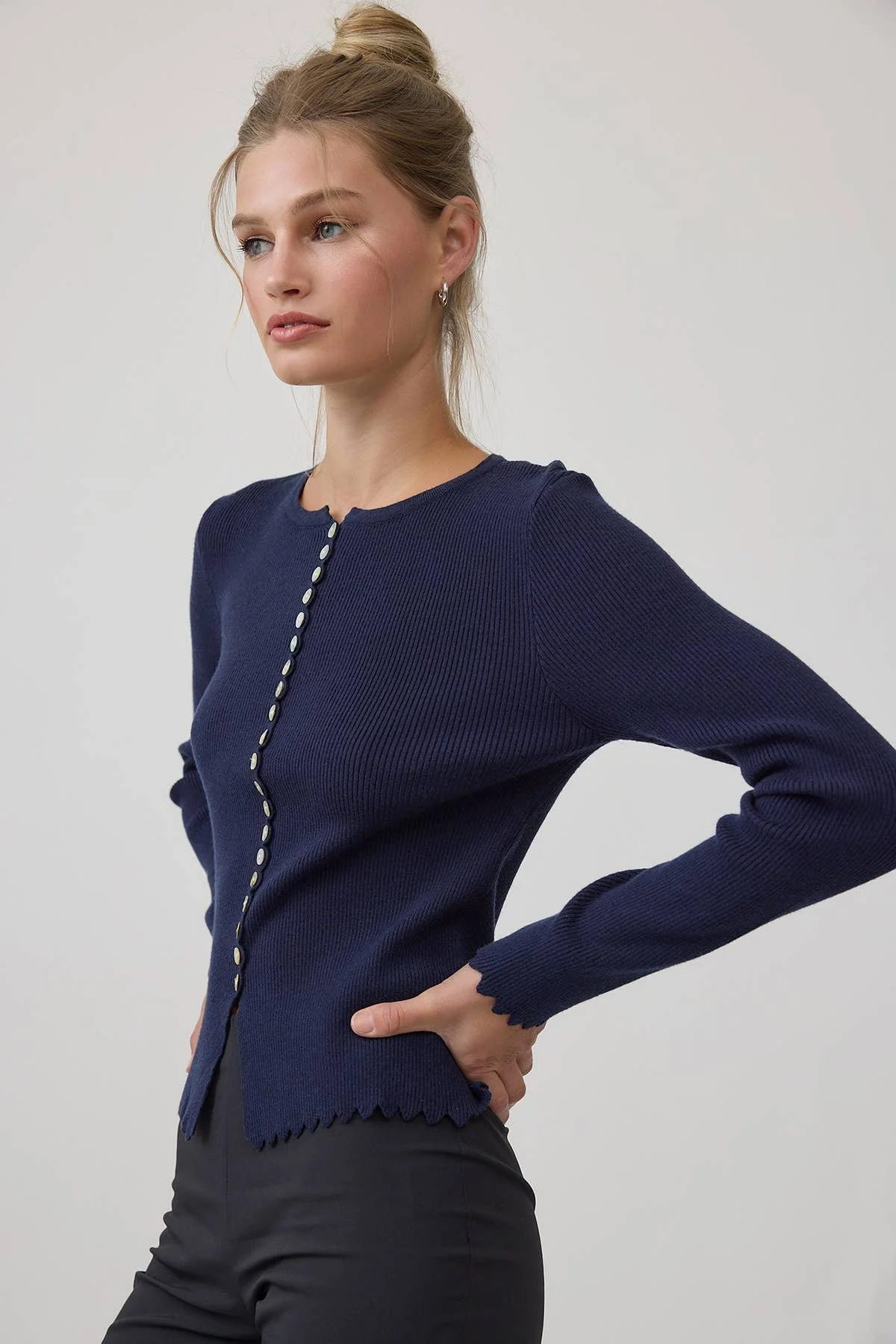 Scallop Trim Button Cardigan Navy
