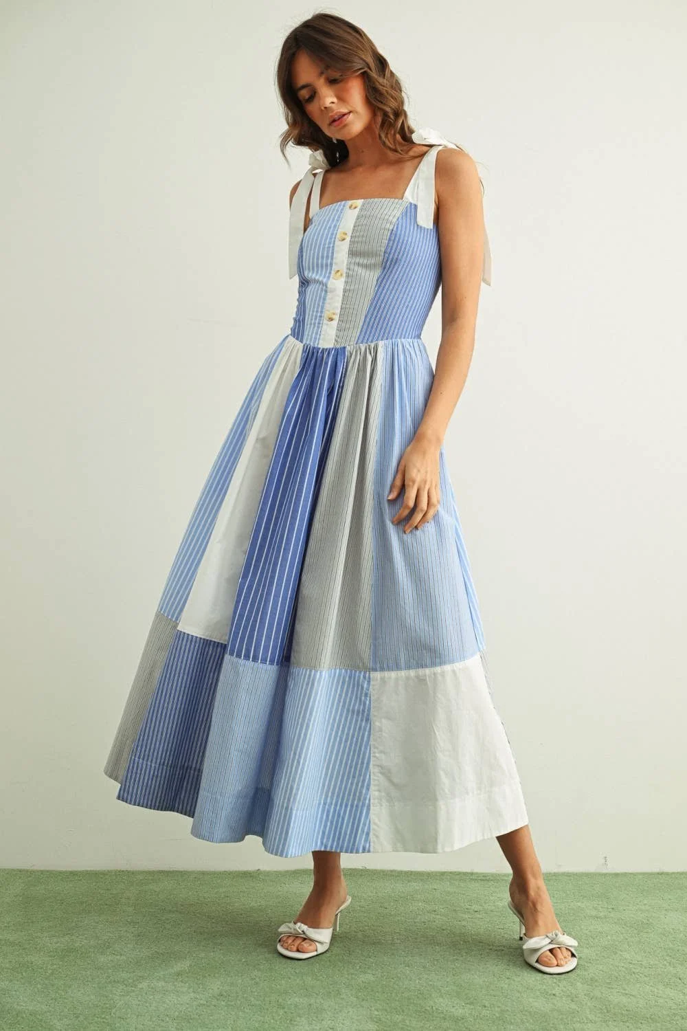 Printed Patchwork Midi Dress Blue Striped