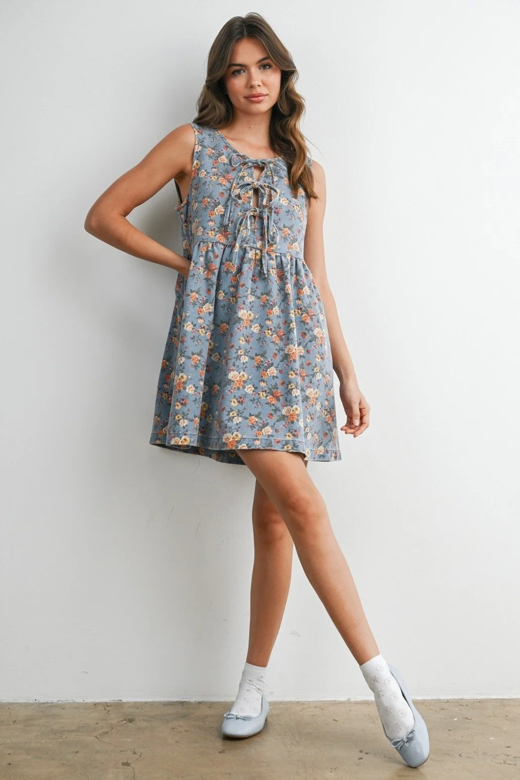 Tie-Front Babydoll Dress Denim Floral